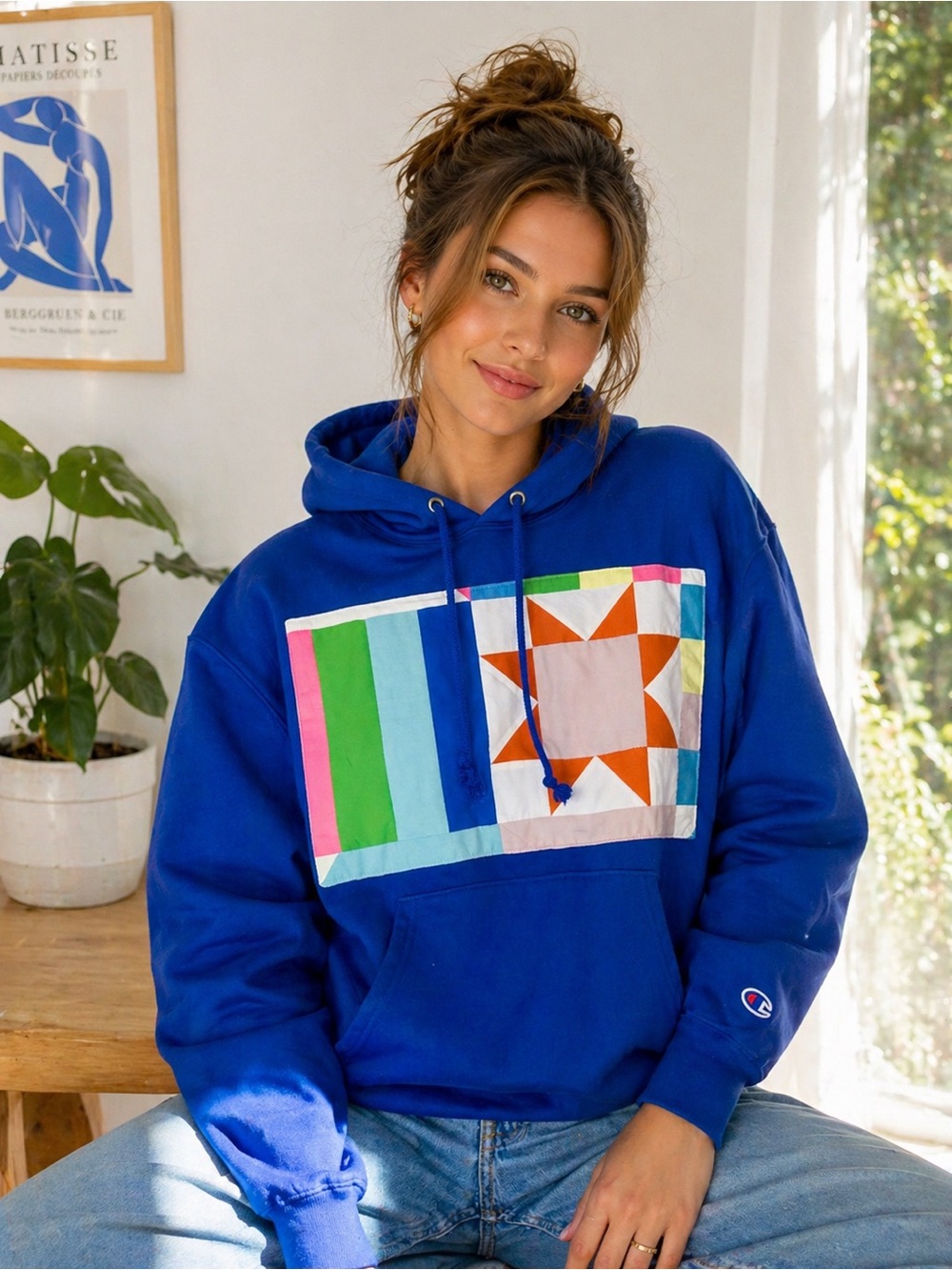 Champion Bright Blue Hoodie with Multicolor Quilt Patch